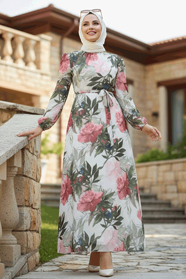 Floral Patterned Ecru Hijab Dress 27932E