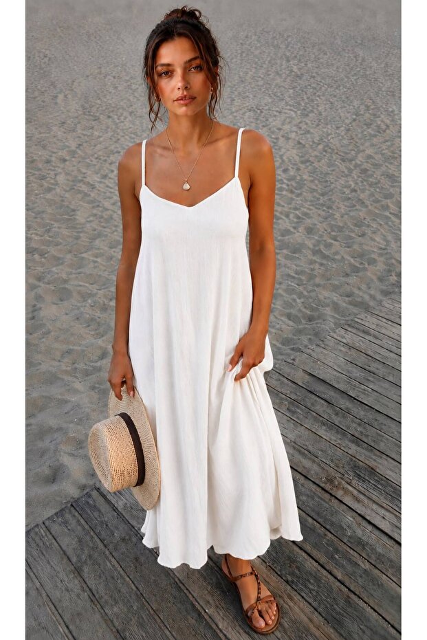 Women's White Strappy Summer Long Casual Dress / Sevde Ugur