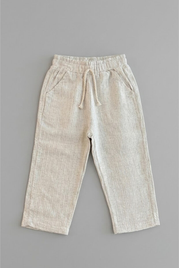 Boy's 100% Cotton Beige Linen Relaxed Fit Trousers