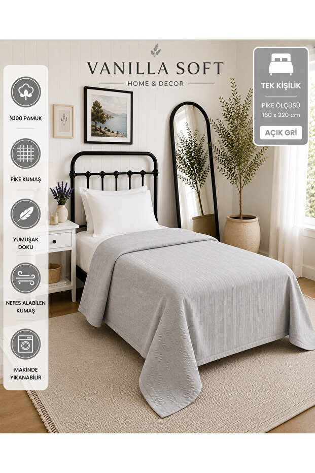 Vanilla Soft Single 100% Cotton Gray Pique Bedspread 160 X 220 Bedspreed