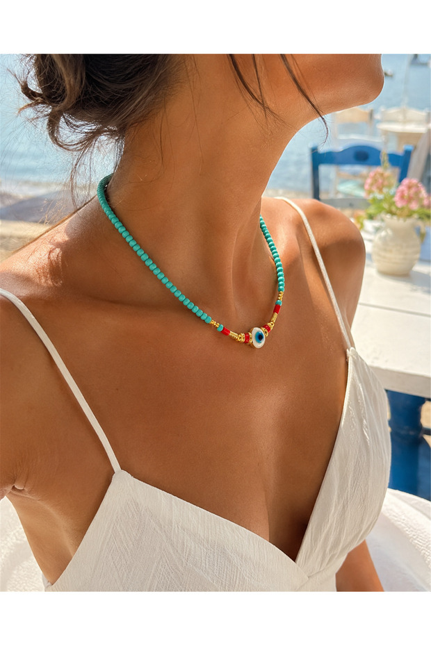 Turquoise Bead Necklace with Evil Eye Beads | Handmade Bohemian Summer Women's Necklace