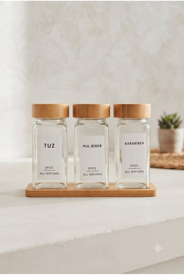 3-Piece Luxury Glass Spice Set with Natural Bamboo Wooden Stand -150 Ml- 10 X 4X 4 cm