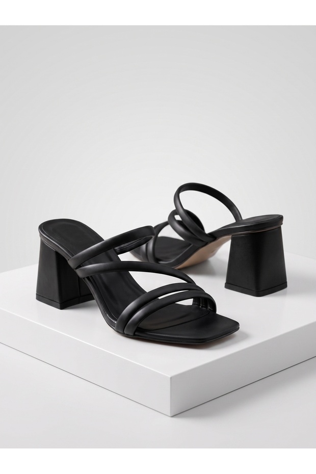 Women's Black Stylish 5 cm Heeled Slippers Nk20888