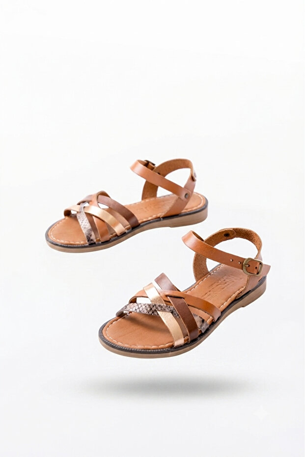 Zri̇n-093 Premium Taba Garni Genuine Leather Women's Sandals