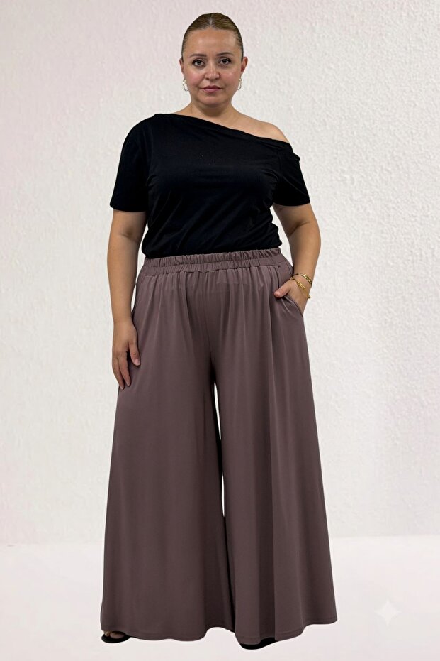 49003 Plus Size Combed Cotton Skirt Trousers with Elastic Waist - Mink