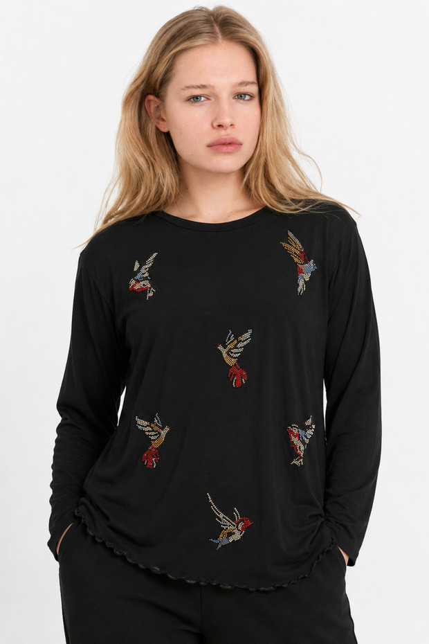 Stone Patterned Long Sleeve Bamboo Viscose Fabric Blouse