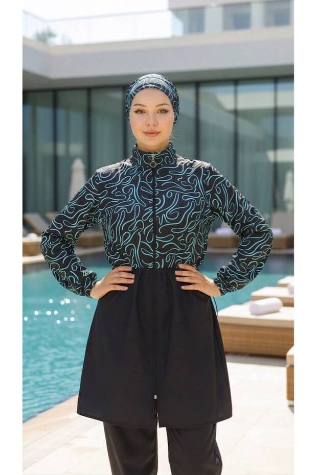 Full Coverage Eye-Catching Beachwear Swim Hijab Swimsuit with Elastic Adjustable Waistband and Gift Bag