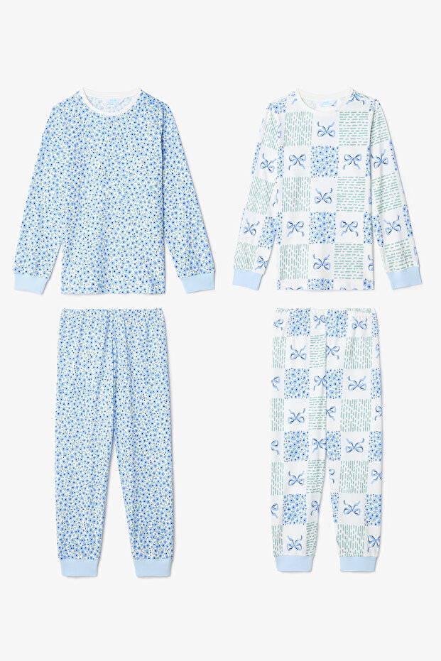 Off-White Girl's Crisp Floral Pattern Long Sleeve Cotton 2-Piece Pajama Set
