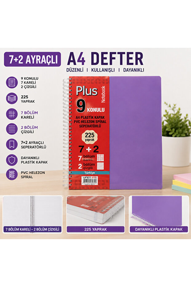 دفتر ملاحظات A4 مع 7+2 فواصل، 9 مواضيع، 225 ورقة، 7 مربعات، 2 خطوط، غلاف بلاستيكي حلزوني مع فواصل