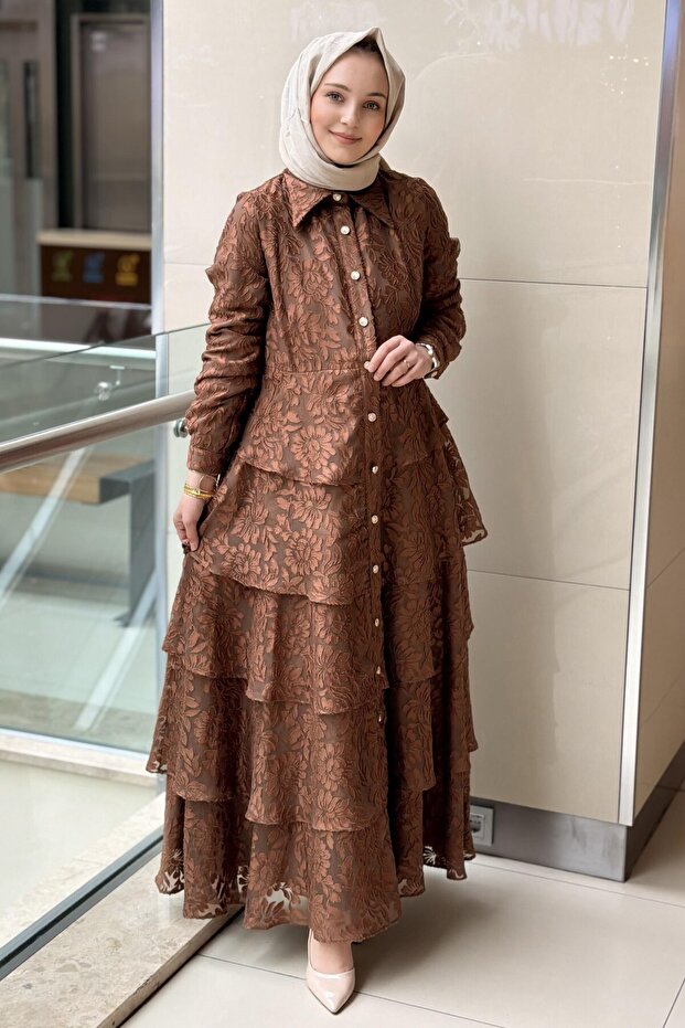 Front Buttoned Layered Burnout Evening Dress