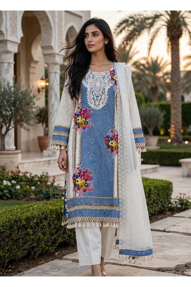 Cotton Heavy Embroidered & Crochet work Party Wear Straight Suit- FULLY STICHED 3 piece suit