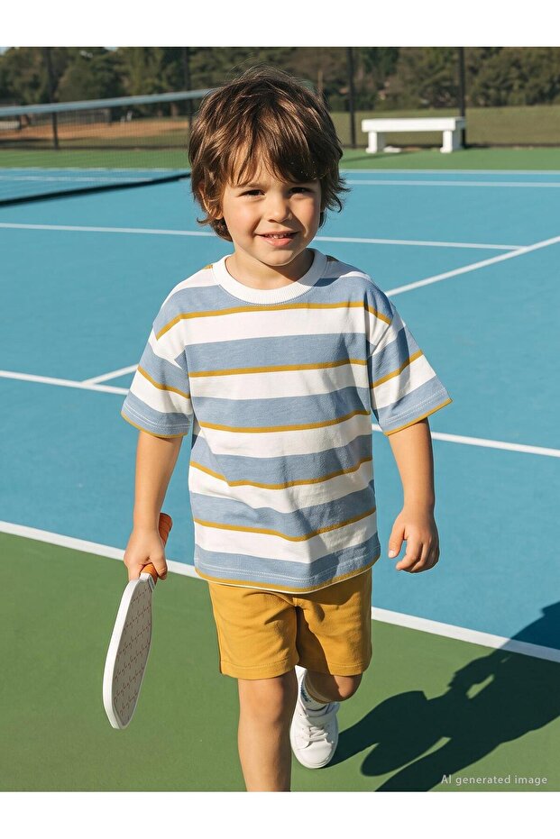 Basic Textured Striped T-Shirt for 2-5 Years Old - Blue
