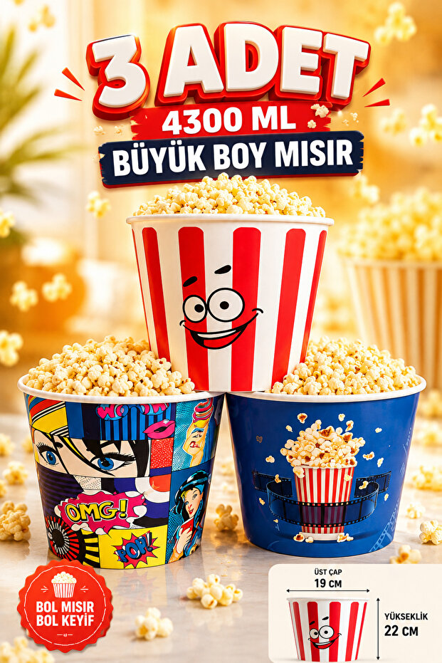 🍿 3 Pieces XXL Large Size 🍿 Corn Bucket Chips Bucket Popcorn Bowl Unbreakable Bucket 🍿 4300 ml 🍿 Large Size Popcorn Bucket Movie Enjoyment Cinema Enjoyment Popcorn Bucket Party Birthday Giant Size Bucket XXL