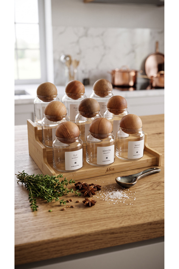 9-Piece Glass Spice Jar Set with Wooden Ball Lid & Bamboo Organizer Stand