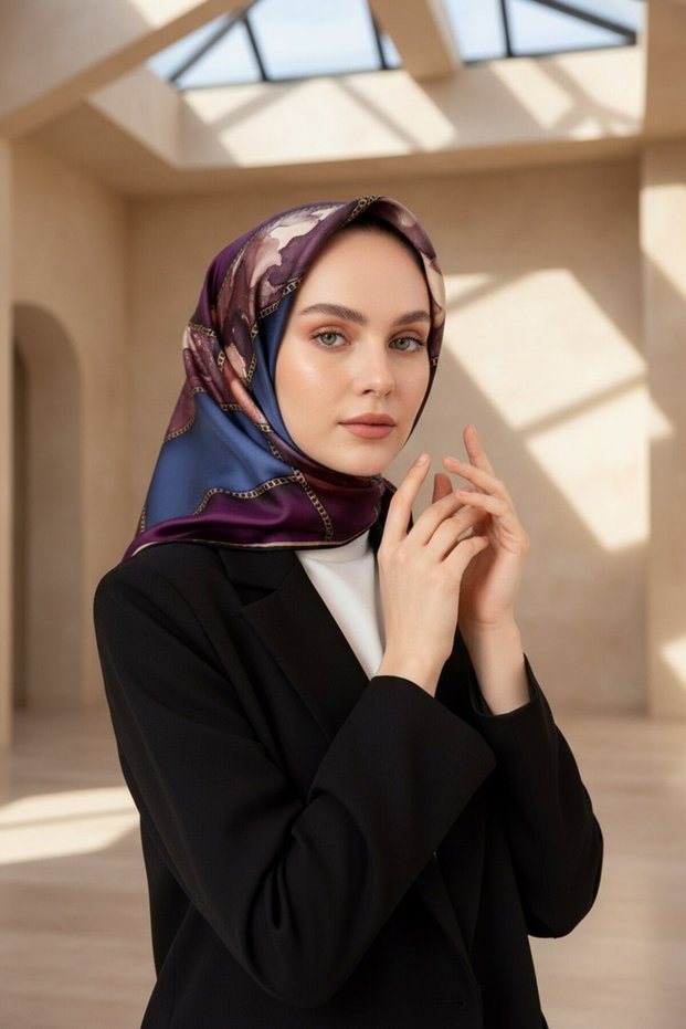 100% Twill Silk Effect Tape Patterned Plum - Indigo Colored 90X90 Scarf Sewing Shape: Hand Sewing