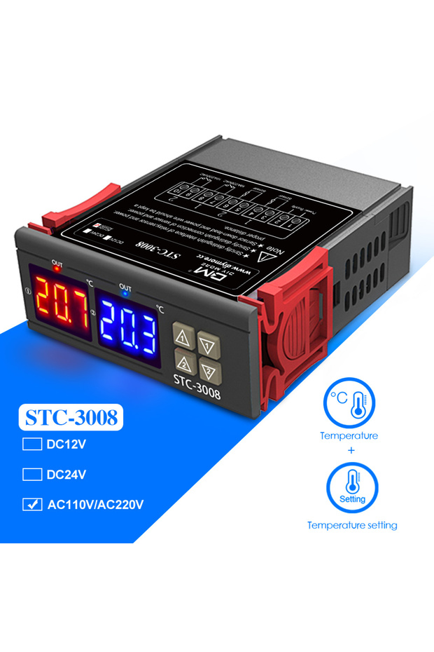 منظم حرارة رقمي مزدوج STC-3008 يعمل بجهد 110-220 فولت تيار متردد، يعمل بجهد 12/24 فولت تيار مستمر، ويعمل بجهد 110-220 فولت تيار متردد