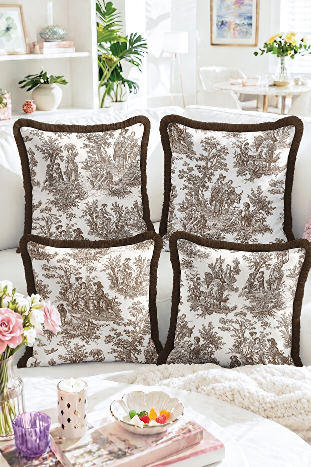 Vintage Toile De Jouy Human and Nature Figures Coffee Fringed-Tasseled Set of 4 Fringed Throw Pillow Covers