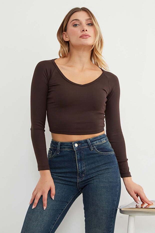 V-Neck Long Sleeve Crop Blouse