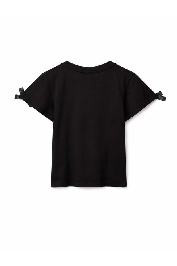 Benetton girl's black t-shirt with logo embroidery, glittery ribbon detail on shoulders, ages 6-14, black