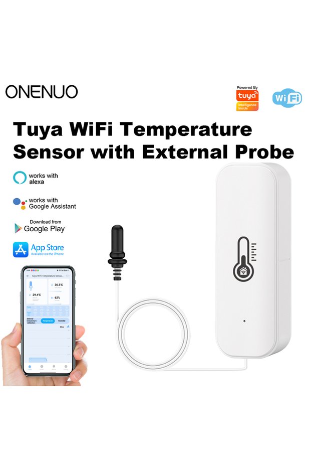Type 1 ONENUO Tuya WiFi Humidity Temperature Sensor with External Probe LCD Thermometer for Smart Ho