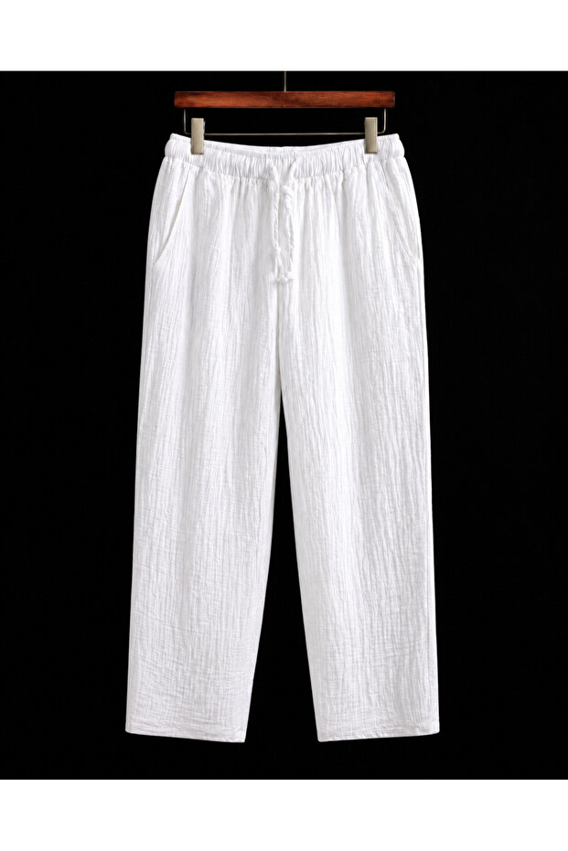 Men's 100% Cotton Muslin Tapered Leg Trousers, Relaxed Fit, Pockets, Lace-Up Casual Beach Trousers
