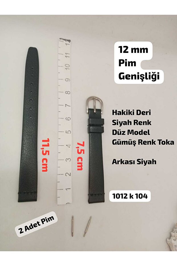 12 mm Compatible Watch Band - Black Color Flat Model, Genuine Leather Design, Silver Color Buckle, (Second Item in the Cart Is 100 Tl.)