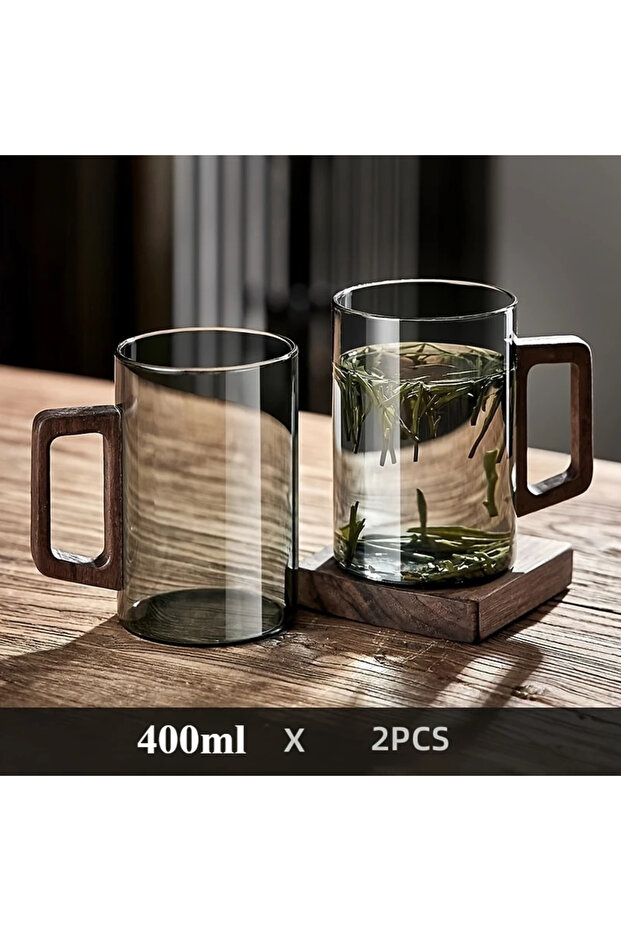 400ML 2PCS Gray 1/2pcs 400ml Glass Cups with Walnut Handle Household Heat-resistant Mug Large Capac