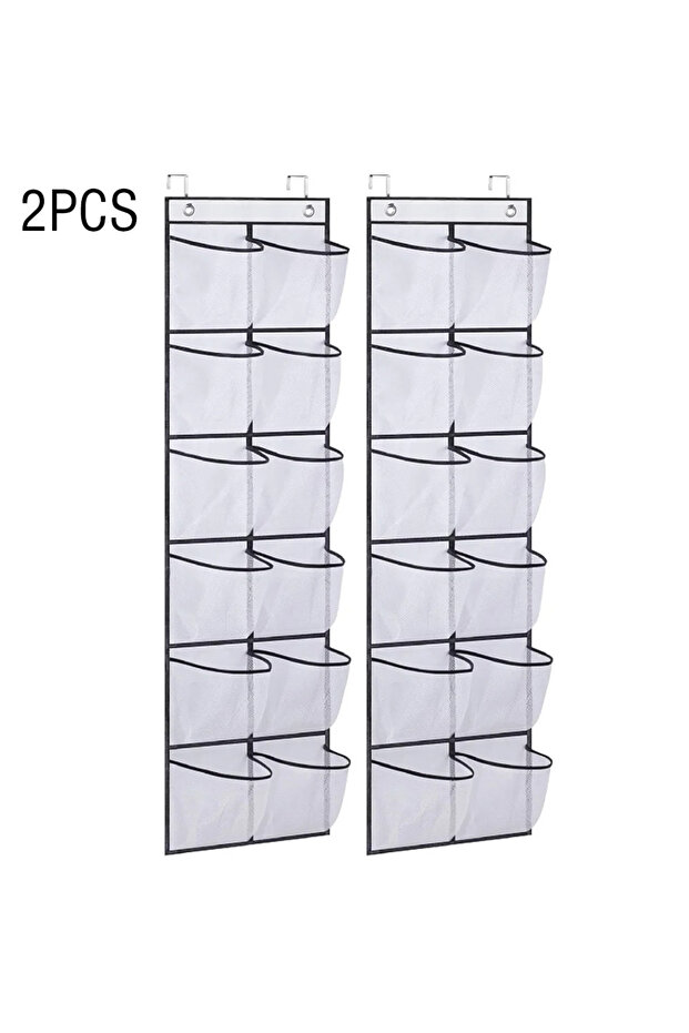 white 2pcs 12 Pockets Over the Door Shoe Organizer Large Mesh Pockets With 2 Hooks Transparent Fabri