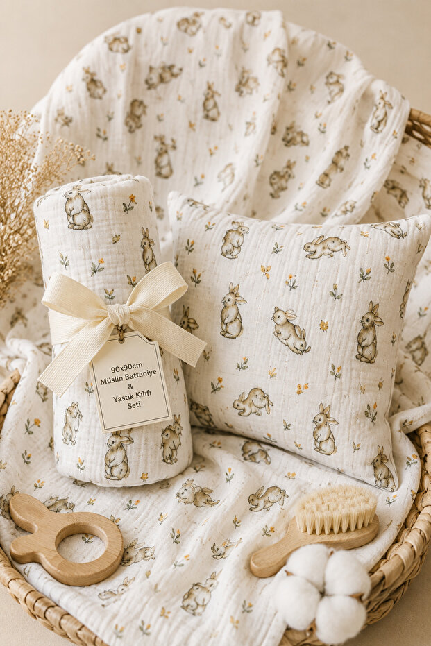100% Cotton Baby Muslin Cover + Pillowcase Rabbit Beige