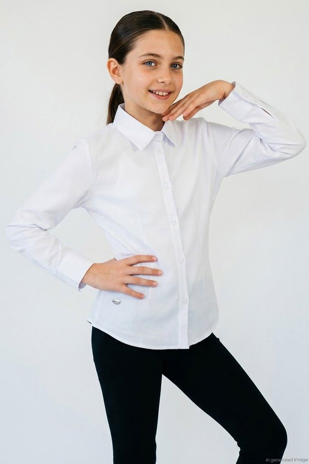 Girl's Shirt with Buttoned Waist and Crest Detail, 8-12 Years, White