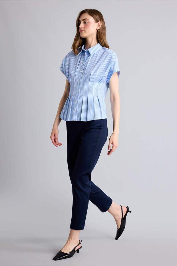 Sigaret Satin Trousers Navy Blue Regular Waist Basic Flat Elastic Waist Straight Leg J8743Az24Wn