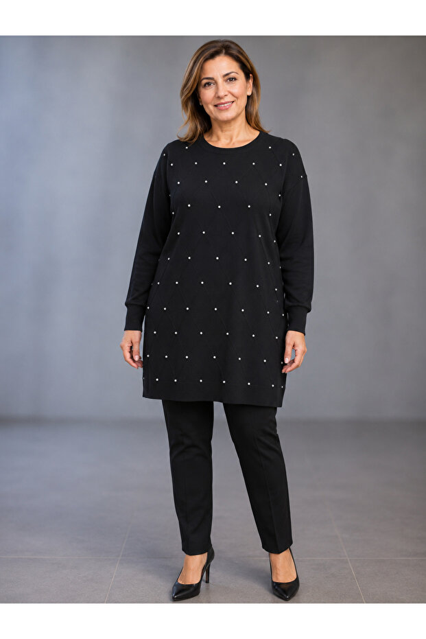 Merseerized Bat Sleeve Stone-Embellished Knitwear Tunic