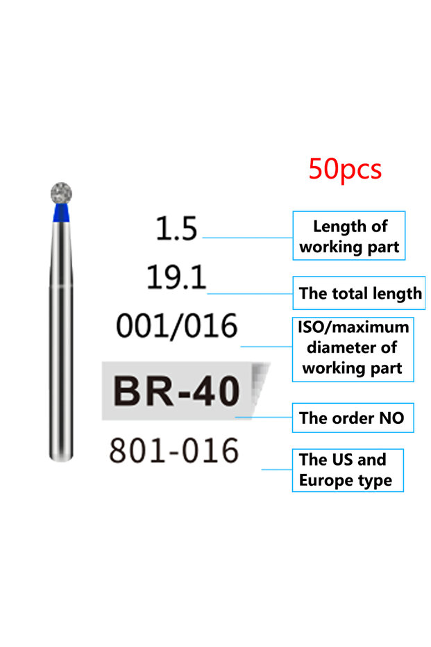 BR-40 50Pcs/Bag Dental Diamond Burs Drill FG 1.6mm Bur For High Speed Handpiece Denspay Dental Bur P