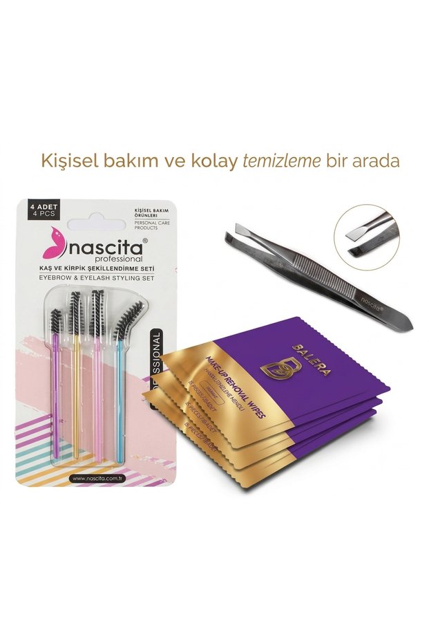 4-Piece Eyebrow and Eyelash Brush Set + Steel Silver Tweezers C04