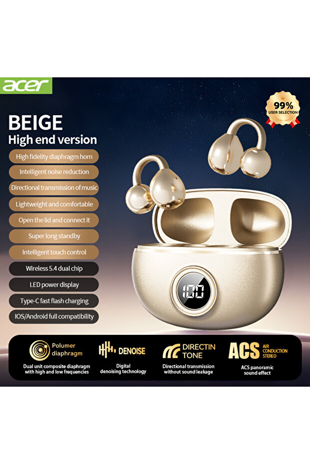 Beige [Official Acer Product] Ohr512 Bluetooth Earphones, Ear-Clip Wireless Design, Comfortable to W