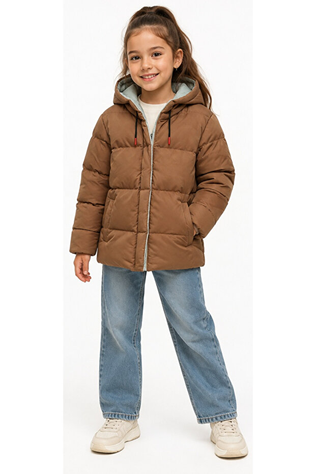 Girl'S/Boy's Hooded Brown Color Coat with Fixed Inner Lining, Zipper Closure and Pockets