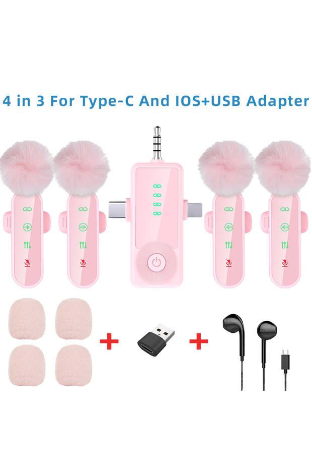 ميكروفون لاسلكي صغير الحجم (P-4-TC-IOS-3.5mm-USB) وردي اللون، مزود بخاصية إلغاء الضوضاء وواقي من الرياح، يُثبّت على الملابس.