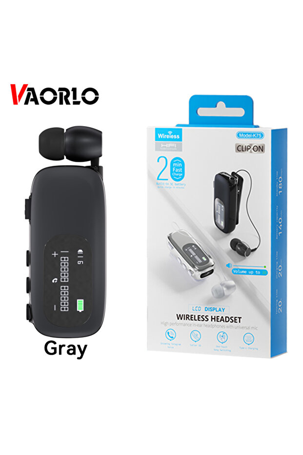 Gray K75 Lavalier Business Bluetooth 5.4 Headphone Talk Time 20 Hours,LED Display,Voice broadcast Wi