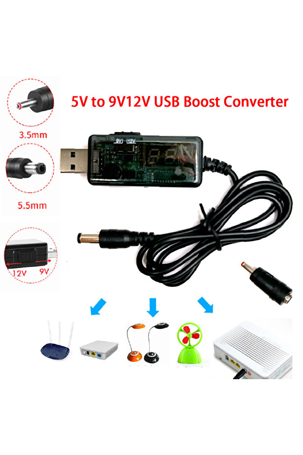 محول تعزيز USB أسود من 5 فولت تيار مستمر إلى 9 فولت 12 فولت كابل محول رفع USB موصل 3.5 × 1.35 مم للطاقة