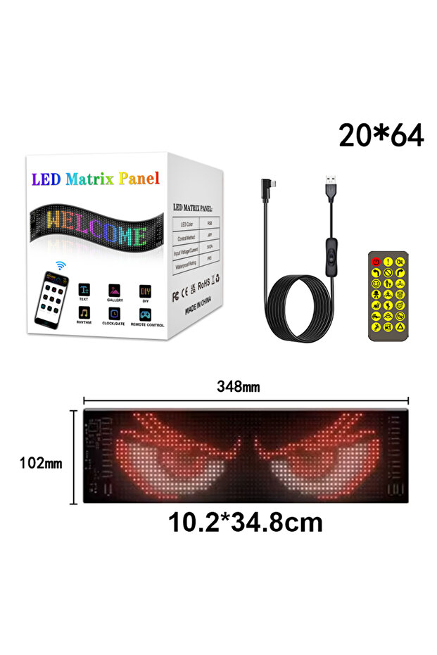 لوحة إعلانية ذكية بتقنية LED بكسل، مقاس 10×35 سم، 20×64، مع شاشة عرض متحركة، تحكم عبر تطبيق بلوتوث (الولايات المتحدة الأمريكية).