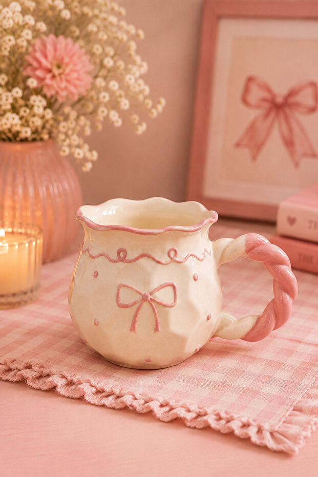 Bow Patterned Handmade Ceramic Mug |   Decorative Gift Mug