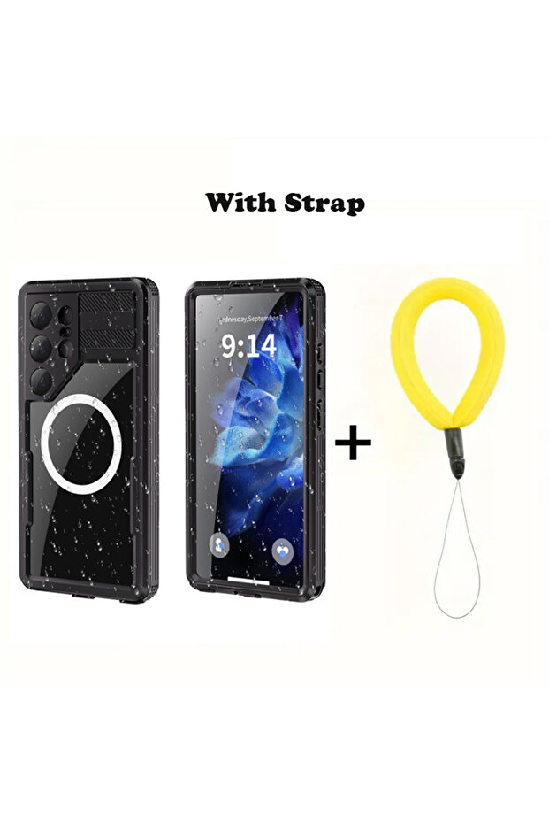 Galaxy S23 Ultra Black With Strap IP68 Waterproof Phone Case with Magnetic Lanyard for Samsung Galax