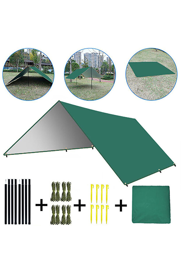 3*5M Green Camping Tarp Waterproof Portable Tarp Multifunctional Outdoor Camping Traveling Awning Ba