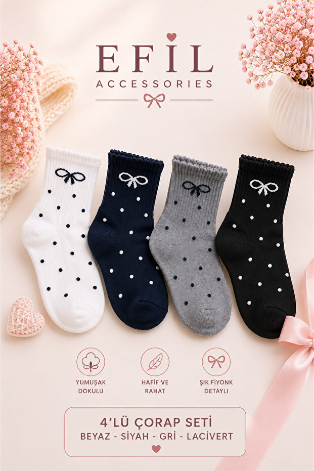 Women's 4-Piece Ribboned Polka Dot College Socks