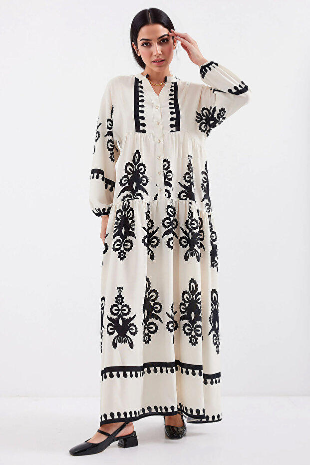 Women's Patterned Hijab Dress M.Cream 1010