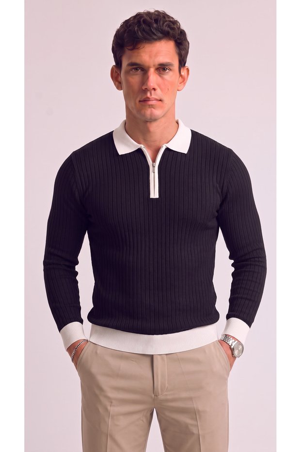 Men's Long Sleeve Slim Knitwear with Sleeve and Collar Detailing