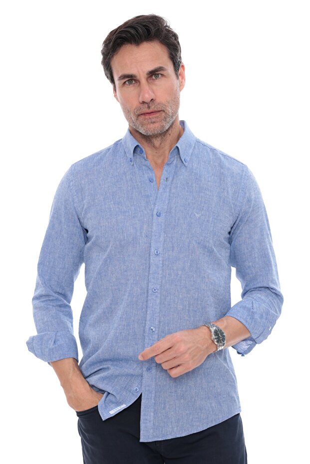 Slim Fit Long Sleeve Lapel Buttoned Breathable Linen Gift Boxed Men's Shirt Fs-004548 - Dark Blue