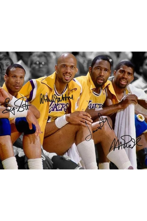 Alayra Framed Magic Johnson Kareem Abdul Jabbar James Worthy Byron Scott Signed Photo Autograph Print Wall Art Home Decor