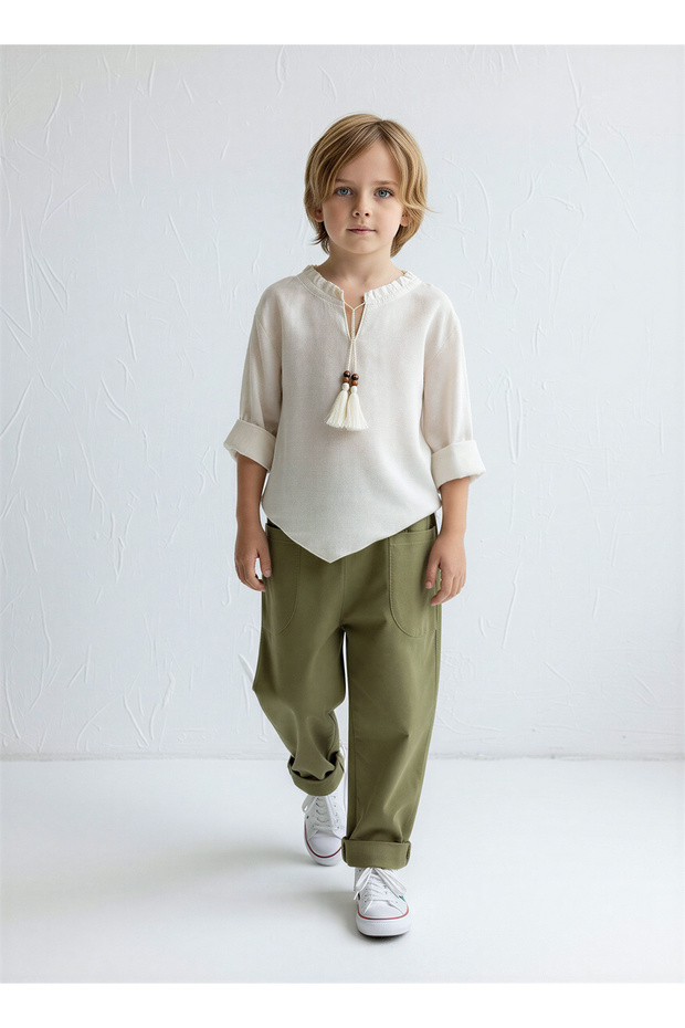 Khaki Linen Boyfriend Pants + Cream Linen Drawstring Shirt