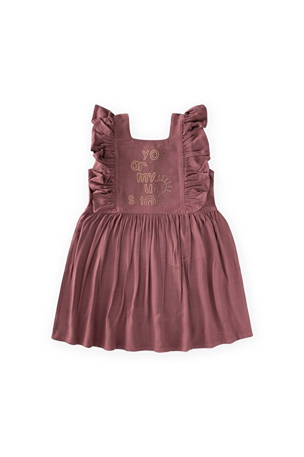 Square Collar Lettered Stone Embellished Linen Dress 2-7 Years Old Plum